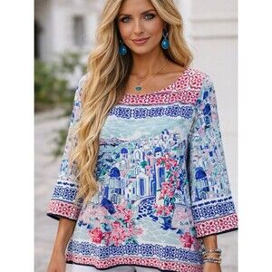 Charter Club Santorini Mediterranean Print Blouse XL Coastal Boho Resort Vacatio
